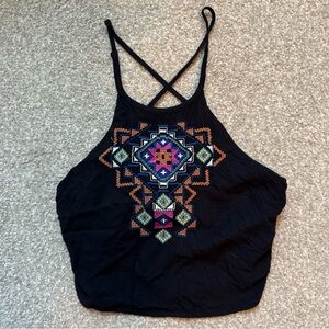 Hollister Black Crop Top with Colorful Geometric Design